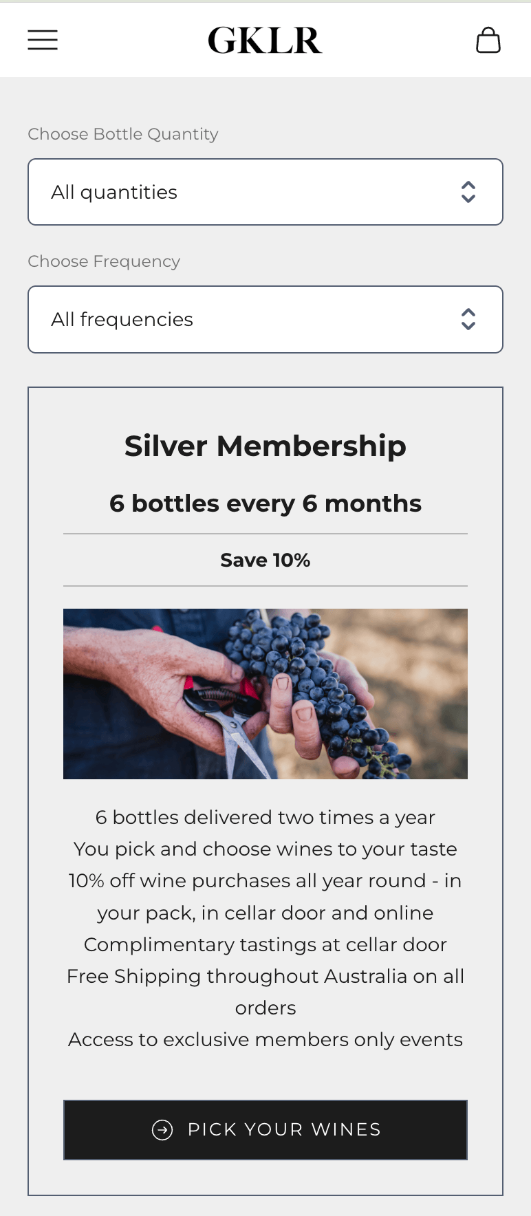 GKLR Wines' club signup on a phone: their masthead above the quantity and frequency pickers and the Silver Membership summary