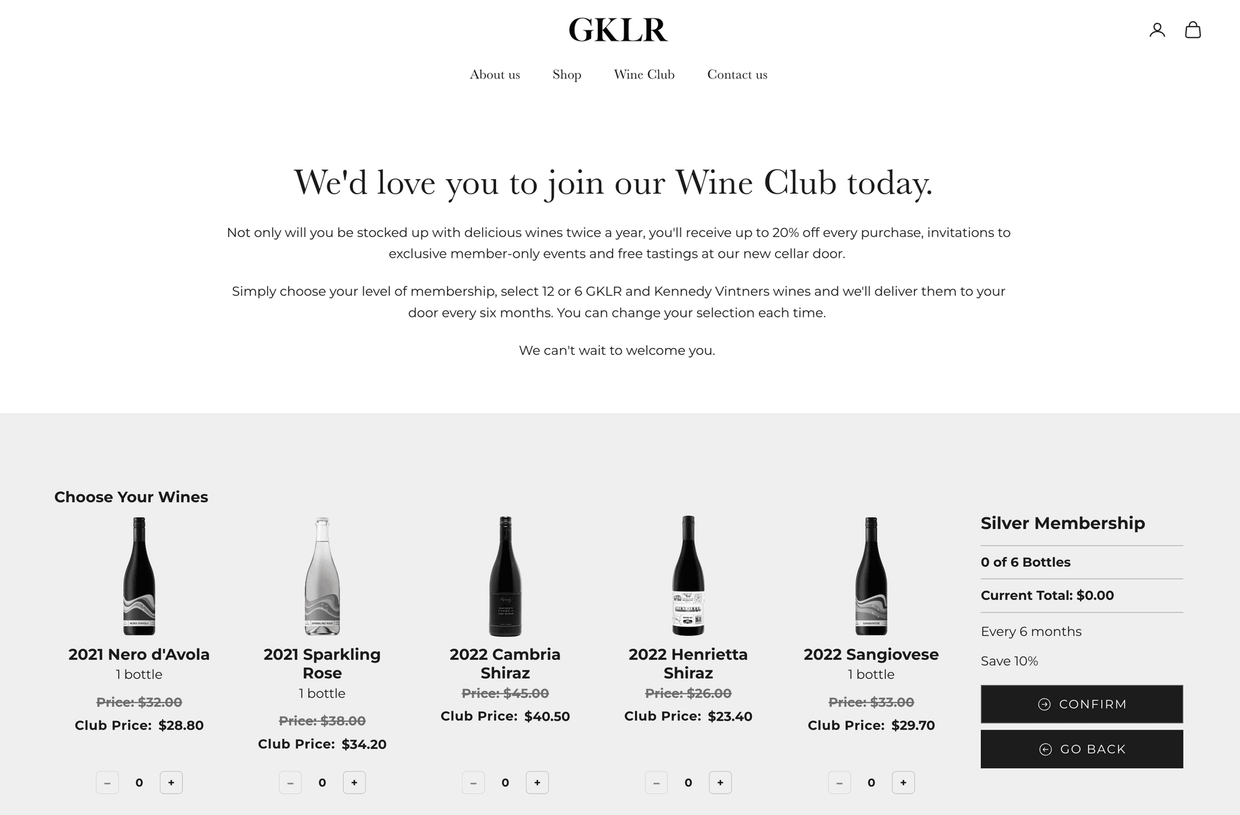 GKLR Wines' club signup page: their own masthead and navigation above the wine selection and the Silver Membership summary