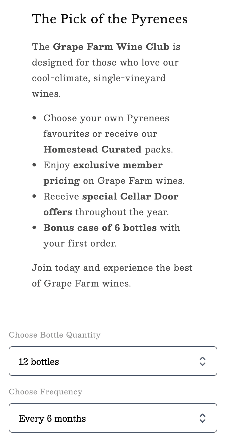 Step 1 on Grape Farm Winery's site: choosing a bottle quantity and delivery frequency