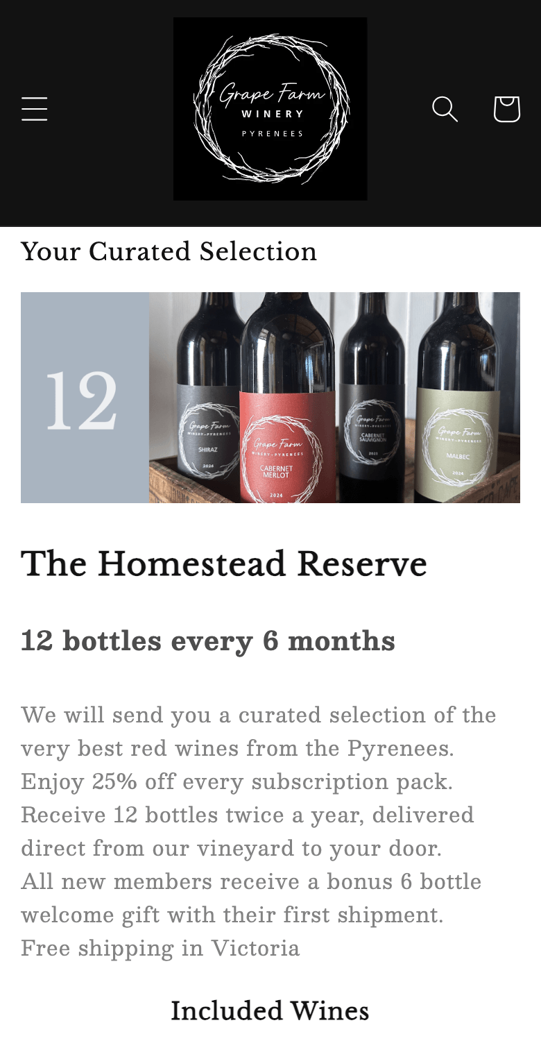 Step 2 on Grape Farm Winery's site: the Homestead Reserve curated club and its included wines